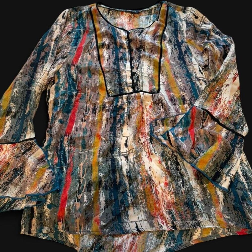 TOLANI 100% Silk Abstract Art-to-Wear Tunic Blouse